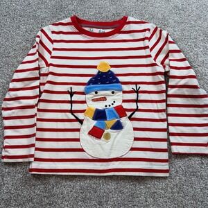 Mini Boden Red White Striped Textured Snowman Applique Long Sleeve T-Shirt 3-4Y